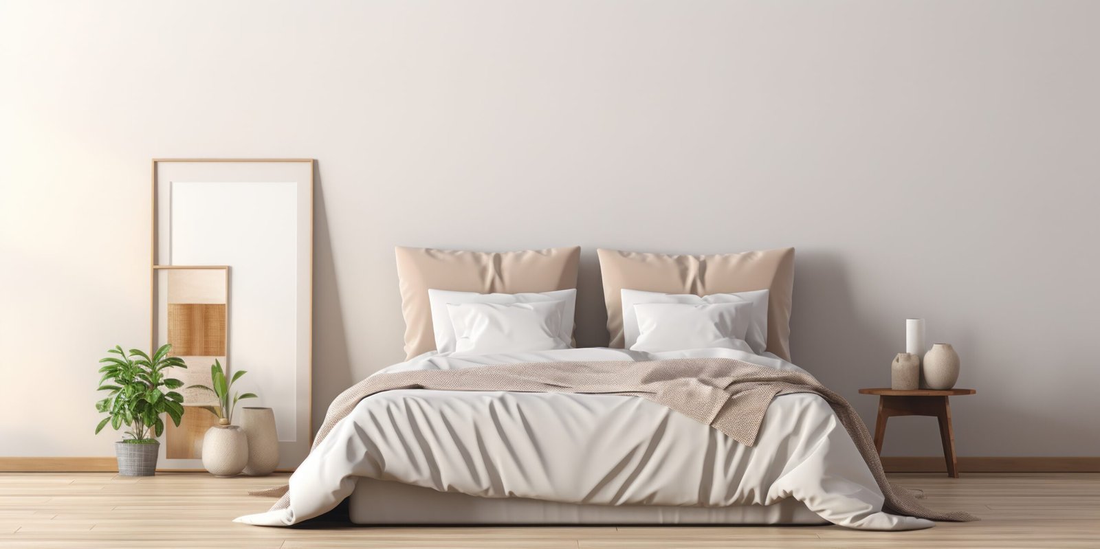 A peaceful bedroom with beige colors and simple design.